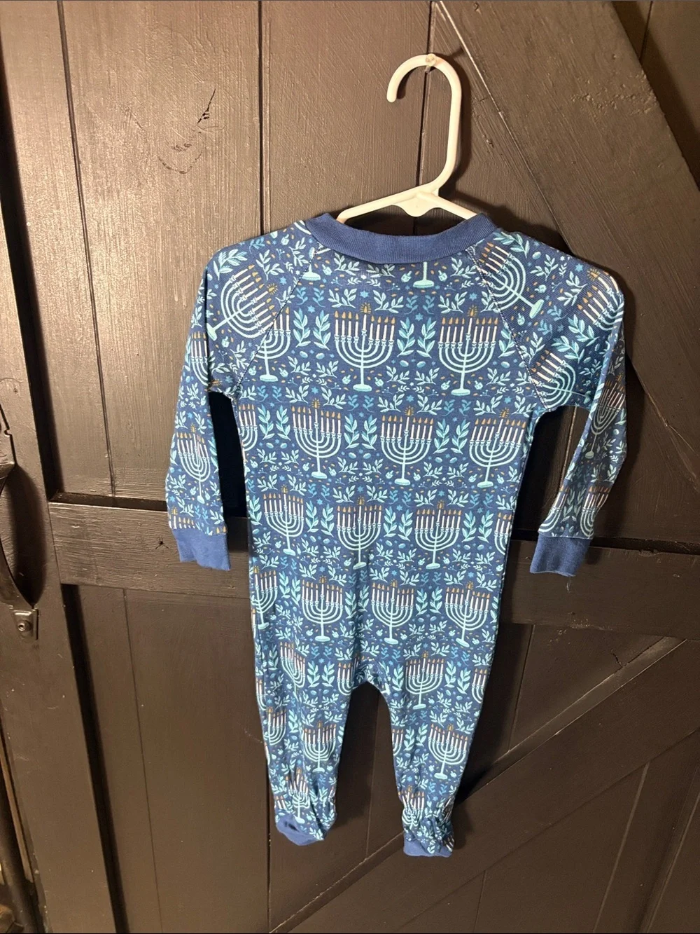 Blue Holiday Menorah Footed One-Piece Pajamas for Kids